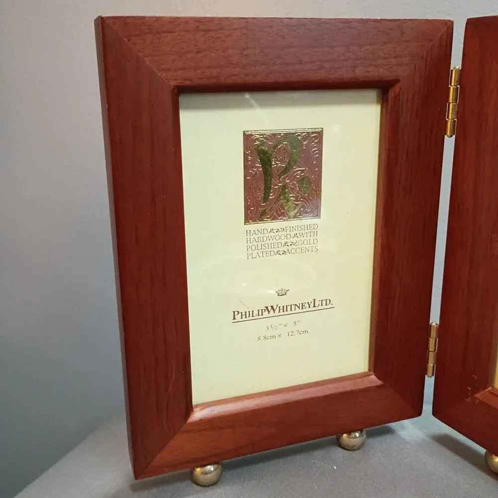 Picture Frame Hinged Wood Double 3.5x5 Folding Display Gold Plated Accents